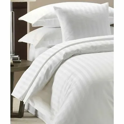 100% LUXURY HOTEL QUALITY COTTON SATIN White STRIPE DUVET COVER SET Double BED • £10.19