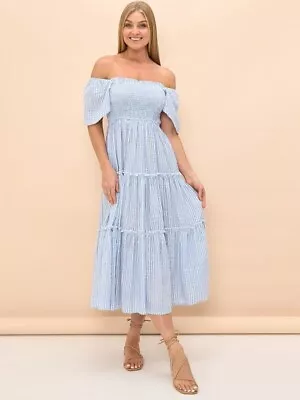 Iris Maxi Blue White Gingham Shirred Bodice Dress Photoshoot Maternity Summer • $19.95