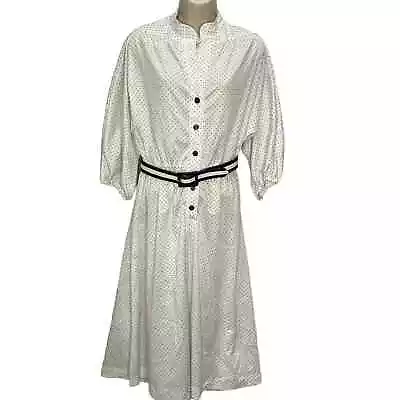 Vintage Amy Deb Secretary Dress White Navy-Blue Dot Size 18/L Belt Midi A-Line • $44.95