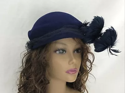 Vtg Women's Hat Art Deco 20s 30s 40s Fascinator Cloche Navy Blue Feathers Party • $34.98