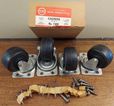 $22.99 • Buy Vintage NOS Set 4 Sears Ball Bearing Casters 2  Rubber Wheels Steel Plate Swivel