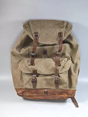 Vintage Swiss Army Military Backpack Rucksack Salt And Pepper Canvas & Leather • $129.99