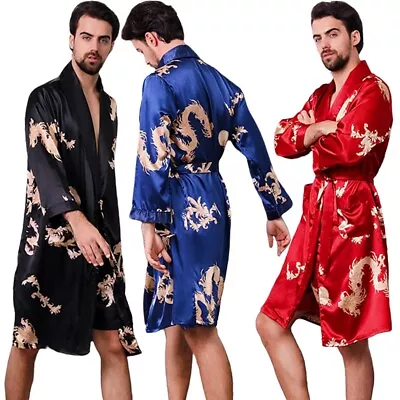 Men Imitation Silk Kimono Bathrobe Dressing Gown Night Sleepwear Dragon Printed • £17.51