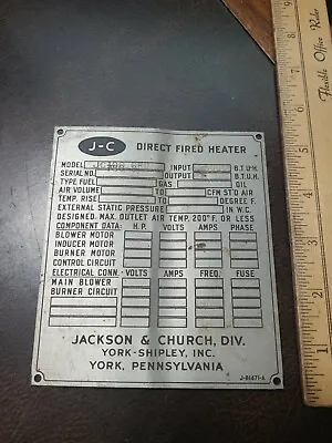 Vintage Metal Equipment Tag York Shipley Pa Jackson & Church Heater Furnace • $9.99