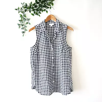 J.Jill Black & White Check Sleeveless Crinkle Button Front Collared Top Small • $12.98