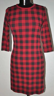 Touched By Nature Small Red Black Plaid 3/4 Sleeve Dress Organic Cotton Stretch • £11.11