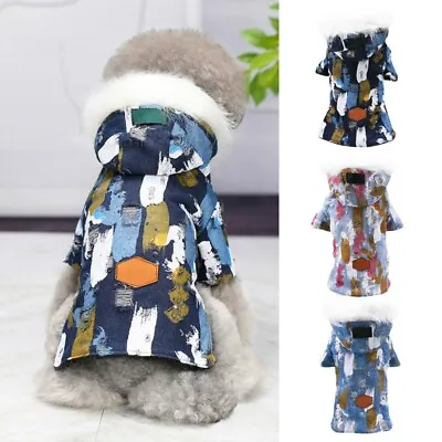 Dog Puppy Printed Winter Coat Hooded Jacket Plush Hat Warm Soft Clothes S-XXL • £8.38