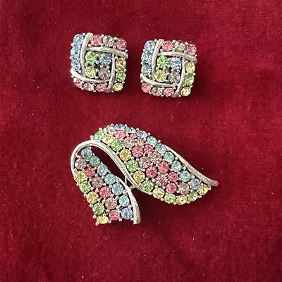 Vintage Lisner Earrings Pin Set. Beautiful Crystals Colors Pink Yellow Green Etc • $65