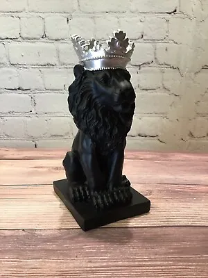 Black Resin King Lion Sculpture Home Decoration Silver Crown Statue Figurine • $19