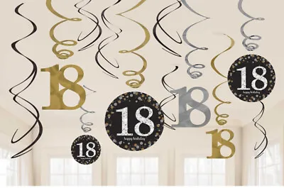 18th Birthday Party Decorations Hanging Swirls Black Silver Gold Age 18 Decor • £4.99