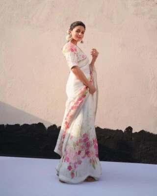 $44 • Buy Bollywood Women Ethnic Party Wear White Silk Sari Designer Floral Saree Blouse