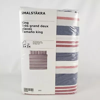 Ikea Smalstakra King Duvet Cover W/2 Pillowcases Bed Set Blue Red Stripe New • $52.40