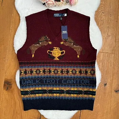 Polo RALPH LAUREN WOOL VEST Equestrian Horse Country Town Red Knit M Medium • £119