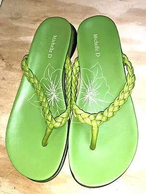 Michelle D Sz 10M Braided Leather Thong Sandal Slide Flip Flop EUC Lime Green • $19.99