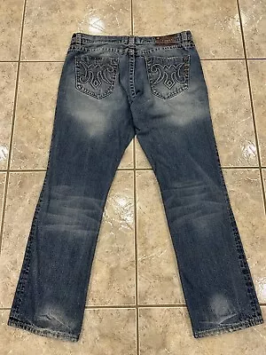 Mens 38X34 MEK Denim Cody Straight Leg Distressed Blue Jeans Embroidered Denim • $16.99