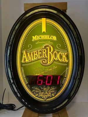 Michelob Amber Bock Oval Light Up Bar Sign Clock WORKING 21” X 16” Man Cave • $125