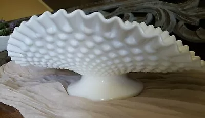 Milk Glass Hobnail Footed Banana Fruit Bowl White Excellent Condition • $24