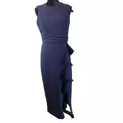 Shoshanna Midnight Navy Blue Sleeveless Ruffle Midi Dress Sz 8 • $96.39