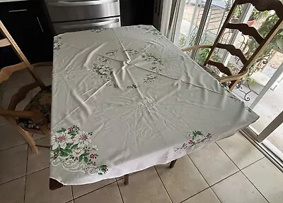 Vintage Christmas Holly Tablecloth White Holiday Festive 71” • $21