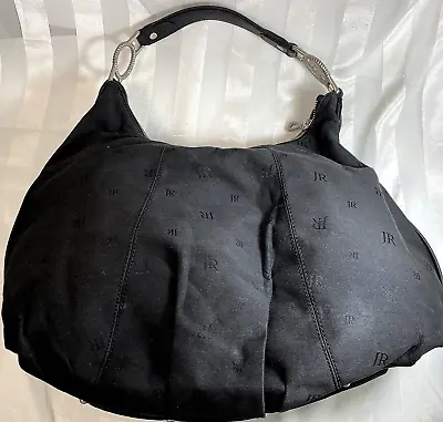 Vintage Judith Ripka Black Canvas Logo Leather Trim Hobo Zip Top Bag • $39.99