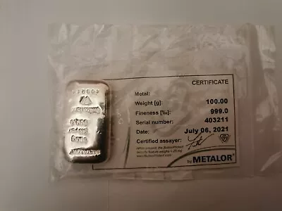 Metalor 100g 999.0 Silver Bar With Assay Cert • £90