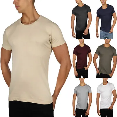 Mens Slim Fit T Shirt Muscle Top Gym Crew Neck Short Sleeve Plain 100% Cotton • £5.99