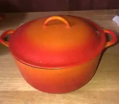 Vintage 10  Descoware Belgium Orange Enameled Cast Iron Pot W/ Lid Interior Wear • $65