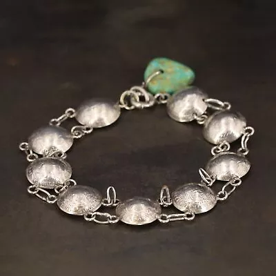 VTG Sterling Silver - VICTORIAN Turquoise Charm 8  Coin Link Chain Bracelet 16g • $6.50