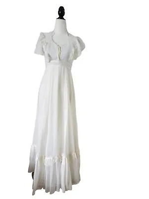 70s Vintage Wedding Dress White Maxi BRIDAL Cottagecore Lace Cotton Boho Gown 38 • $165