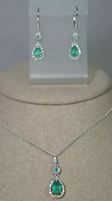 Macys 14k Genuine EMERALD Pear Diamond Halo Pendant Necklace Drop Earrings Set • $898.20