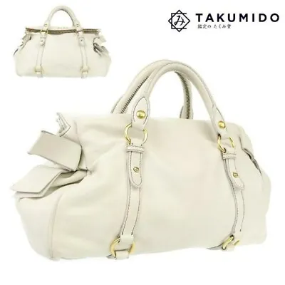 Auth Miu Miu Handbag Tote Bag Beige Leather Bow Ribbon • $262.10