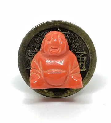 Vintage Red Pressed Glass Buddha Coin Spelter Ring Size 5 • $25