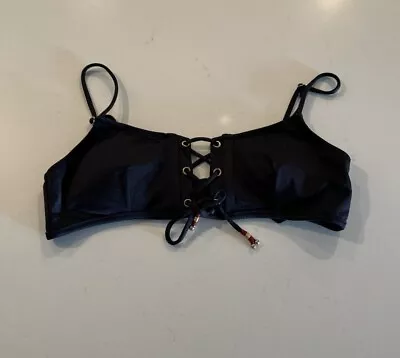 Victoria’s Secret Size Medium Black Shiny Bikini Top Lace Up Tribal Resort Boho • $14.99