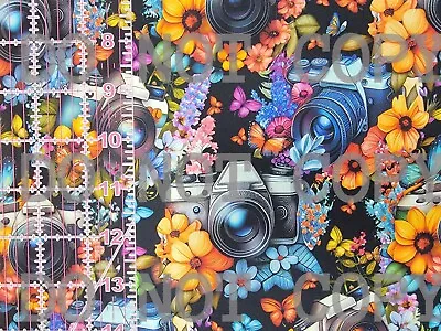 100% Cotton Woven Novelty Fabric Floral Cameras Photography By The 1/4 Yard 9x56 • $8.99