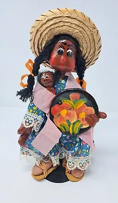 Vintage Oil Cloth Souvenir Mexican Folk Art Doll With Baby & Batea Bowl   • $25