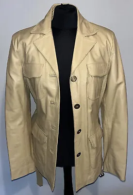 £14.99 • Buy Maroon Cream Vintage Belted Leather Jacket Uk 14 Abba Fancy Dress 60’s 70’s 80’s
