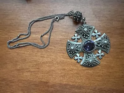 $125 • Buy Vintage Sterling Silver 950 Etruscan Amethyst Maltese Cross With Chain