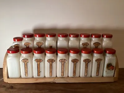 VINTAGE GRIFFITH SET OF 16 MILK GLASS SPICE JARS With Wooden Rack Red And White • $65