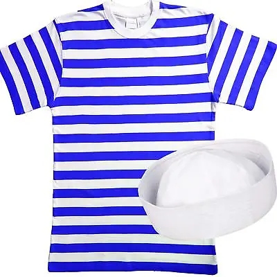 2 PC Men's Sailor Blue White Stripe Shirt And Doughboy Hat Sea Sailor Gaultier  • £13.95