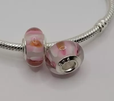 🔅 L'AMOUR 925 Sterling Silver Pink Flower Murano Glass 1 Bead Charm  • $14.99