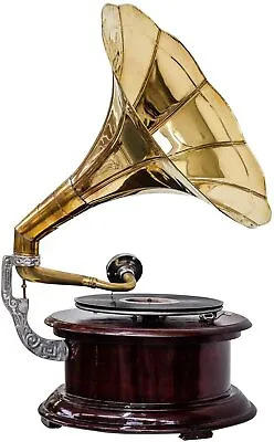£89.99 • Buy Gramophone With Brass Horn ~ Record Player – 78 Rpm Vinyl Phonograph Round
