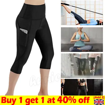3/4Women High Waist Yoga Pants.Pocket Gym Leggings Capri Fitness Sports  Running • £8.99