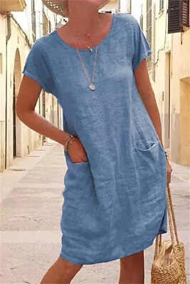 Womens Summer Crew Neck Dress Ladies Cotton Linen Dress Shirt Dress Plus Size • £9.79
