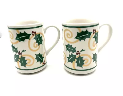 VTG Retroneu #4294 Golden Holly Christmas Stoneware Mug Set Of 2 Holly /Scrolls • $11.95