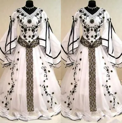 Medieval White And Black Wedding Dresses With Puff Sleeves Vintage Bridal Gowns • $137.93