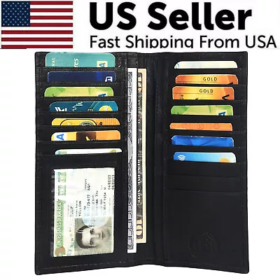 Leatherboss Genuine Leather Men Long Wallet Pockets ID Card Clutch Bifold Purse • $12.99