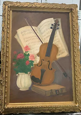 Vintage Oil Painting  Old Violin  By Marie Shawan Antique Frame 35 1/2' X 25 1/ • $129.75