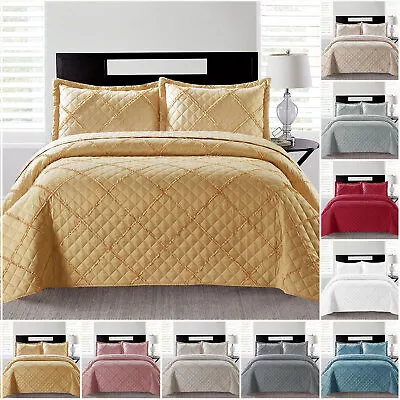 Embossed Ruffle Quilted Bedspread Bed Throw Single Double King Size Bedding Set • £19.99