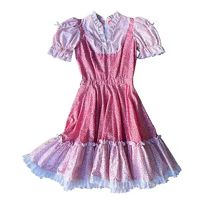 Vintage Partners Please Square Dance Dress 6 Pink White Lace Trim With Sash • $50