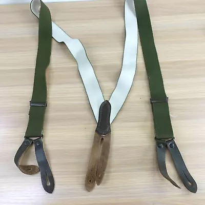 VINTAGE Suspender Mens Army Green Y Back Button Leather Braces Stretch Retro 90s • $26.88